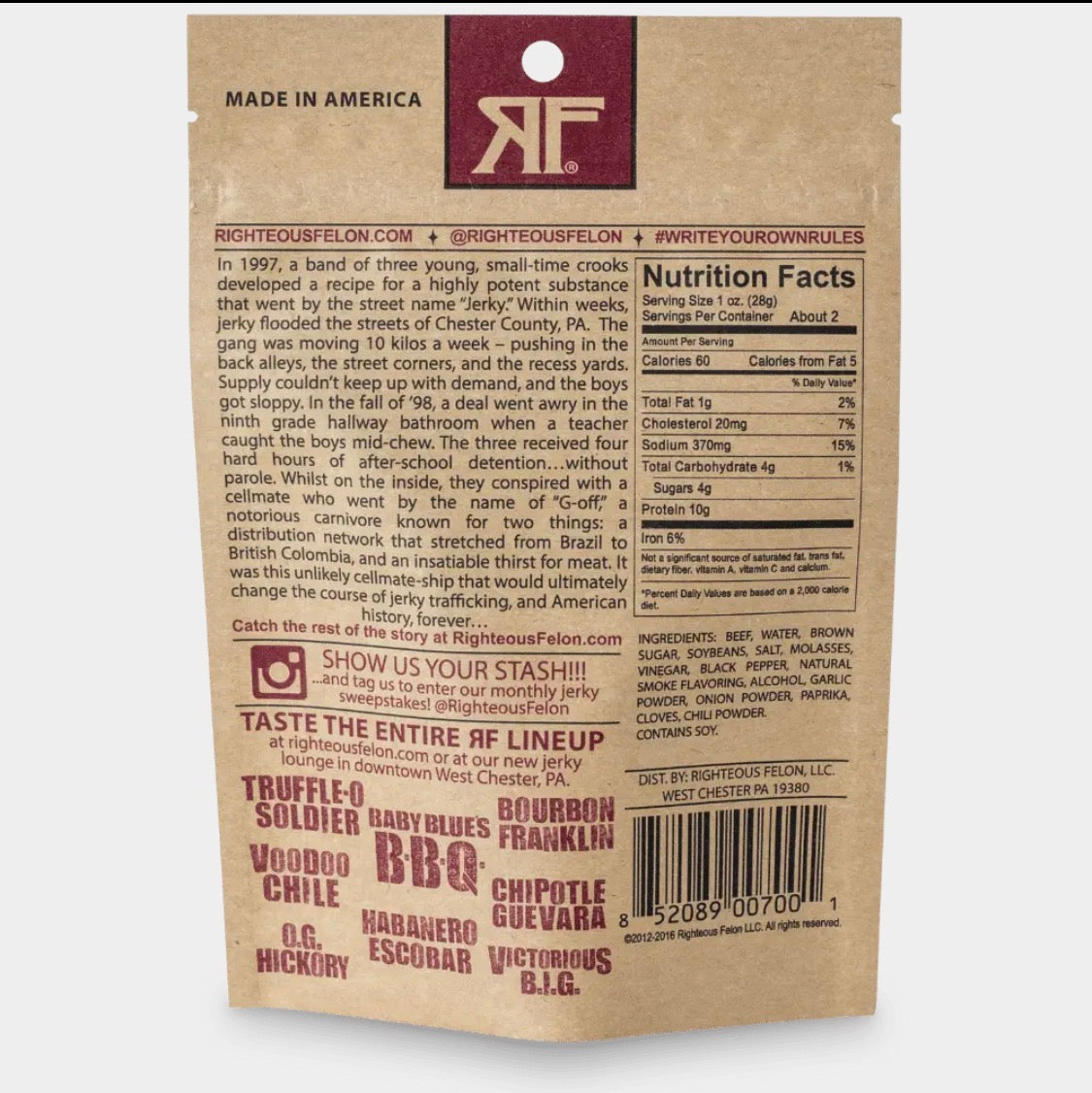 Righteous Felon O.G. Hickory Beef Jerky 2oz All Natural Gluten Free