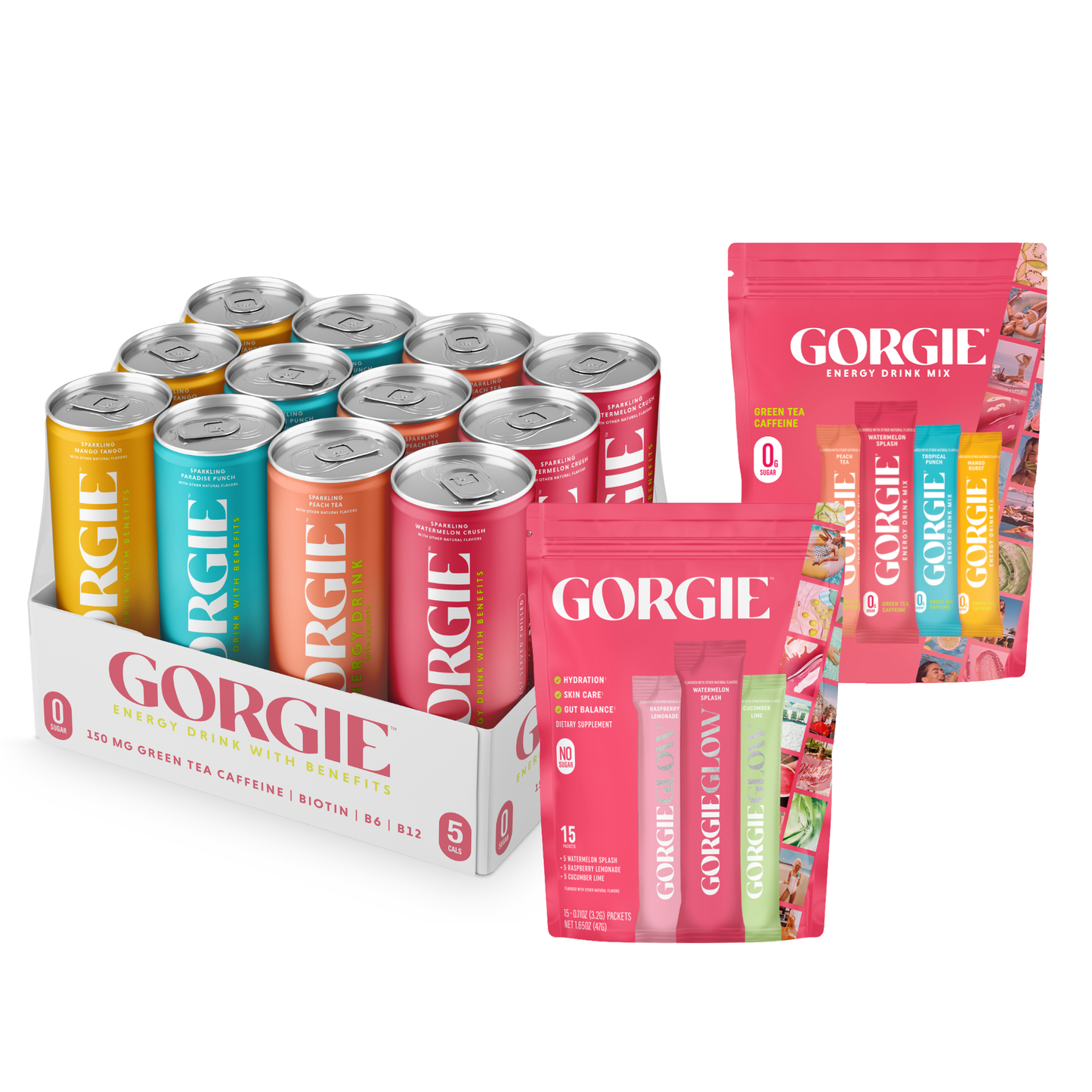 Energy Drink Bundle featuring Gorgie Energy Mix, Glow, and Bestsellers RTD in vibrant packaging.