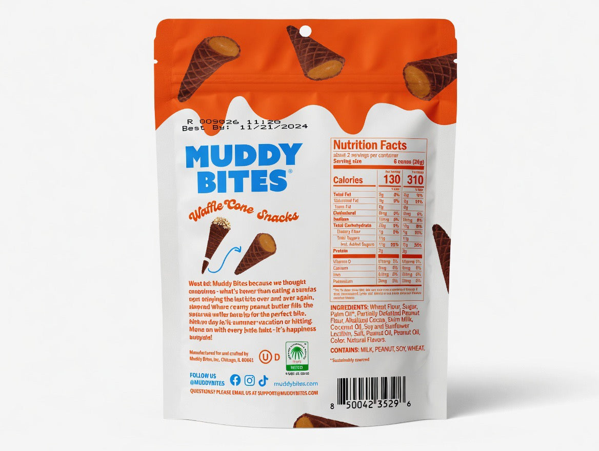 Muddy Bites Peanut Butter Chocolate Waffle Cone Snacks – 2.33 oz Bag