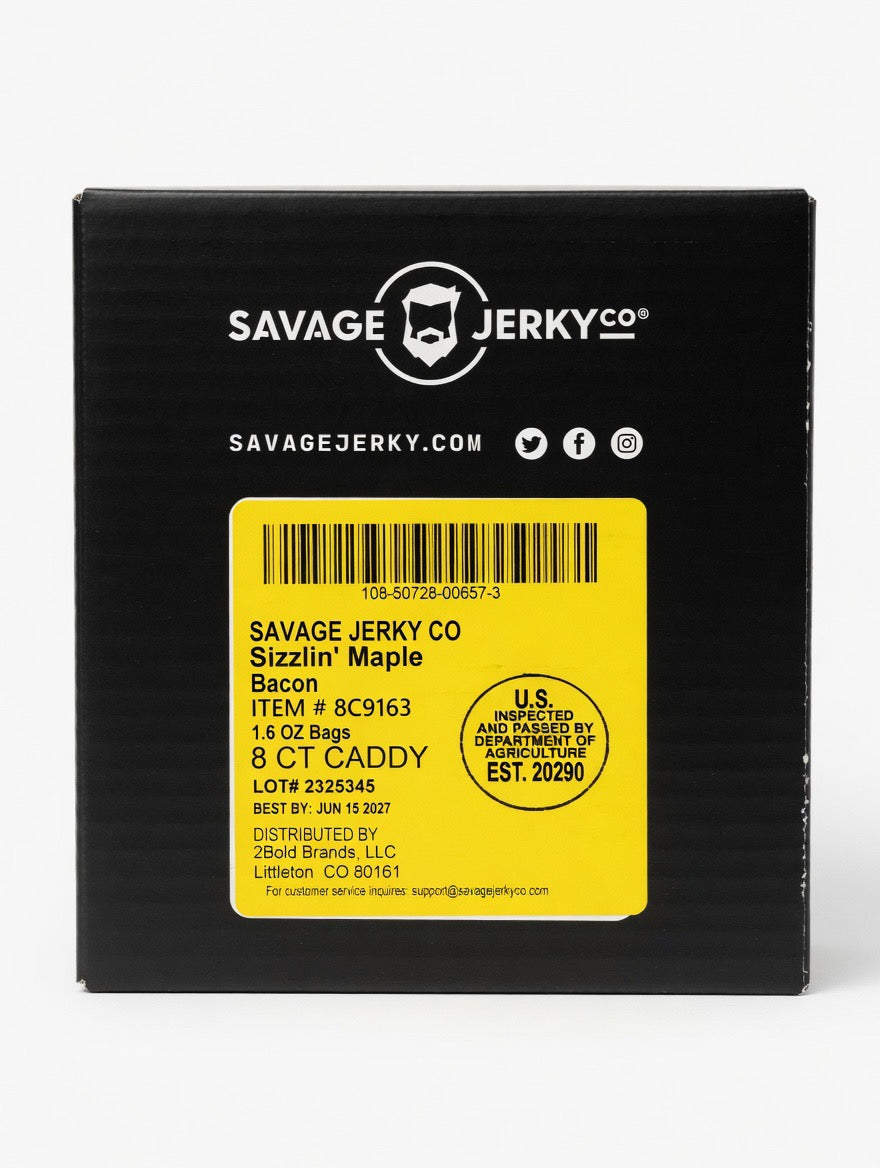 Savage Jerky Co Sizzlin’ Maple Uncured Bacon Jerky 1.6oz - Case of 8 Bags - Veteran Owned