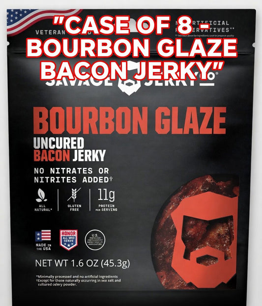 Buy Savage Jerky Bourbon Glaze Uncured Bacon Jerky Case of 8 | Veteran Owned, No Nitrates, 11g Protein