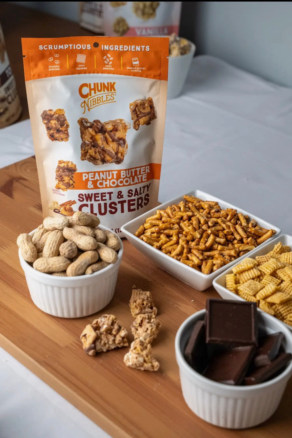 Chunk Nibbles Peanut Butter Chocolate Sweet & Salty Clusters 3-Pack Bundle – Handcrafted Gourmet Snack, 12.75 oz Total.