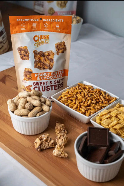 Chunk Nibbles Peanut Butter Chocolate Sweet & Salty Clusters 3-Pack Bundle – Handcrafted Gourmet Snack, 12.75 oz Total.