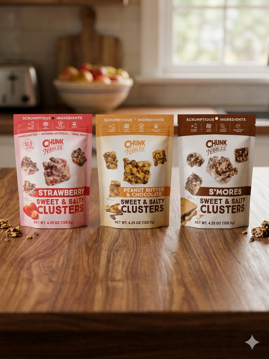 Chunk Nibbles Sweet & Salty Clusters 3-Flavor Assorted 3-Pack Bundle – Strawberry, Peanut Butter Chocolate & S’Mores, 12.75 oz Total.