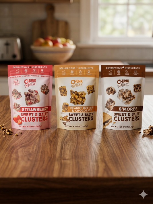 Chunk Nibbles Sweet & Salty Clusters 3-Flavor Assorted 3-Pack Bundle – Strawberry, Peanut Butter Chocolate & S’Mores, 12.75 oz Total.