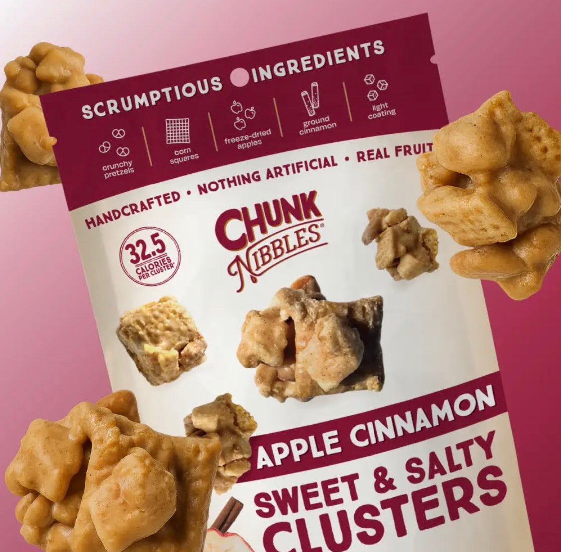 Chunk Nibbles Apple Cinnamon Sweet & Salty Clusters 3-Pack Bundle – Handcrafted with Real Apples, 12.75 oz Total.