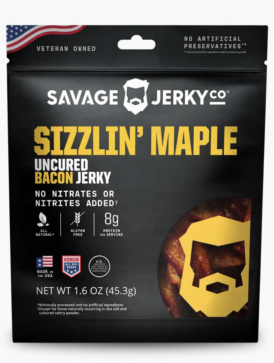 Savage Jerky Co Sizzlin’ Maple Uncured Bacon Jerky 1.6oz - Case of 8 Bags - Veteran Owned