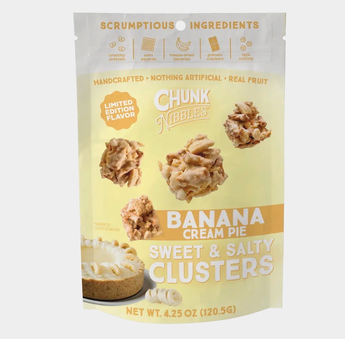 Chunk Nibbles Banana Cream Pie Sweet & Salty Clusters 3-Pack Bundle – Limited Edition, Handcrafted with Real Bananas, 12.75 oz Total.