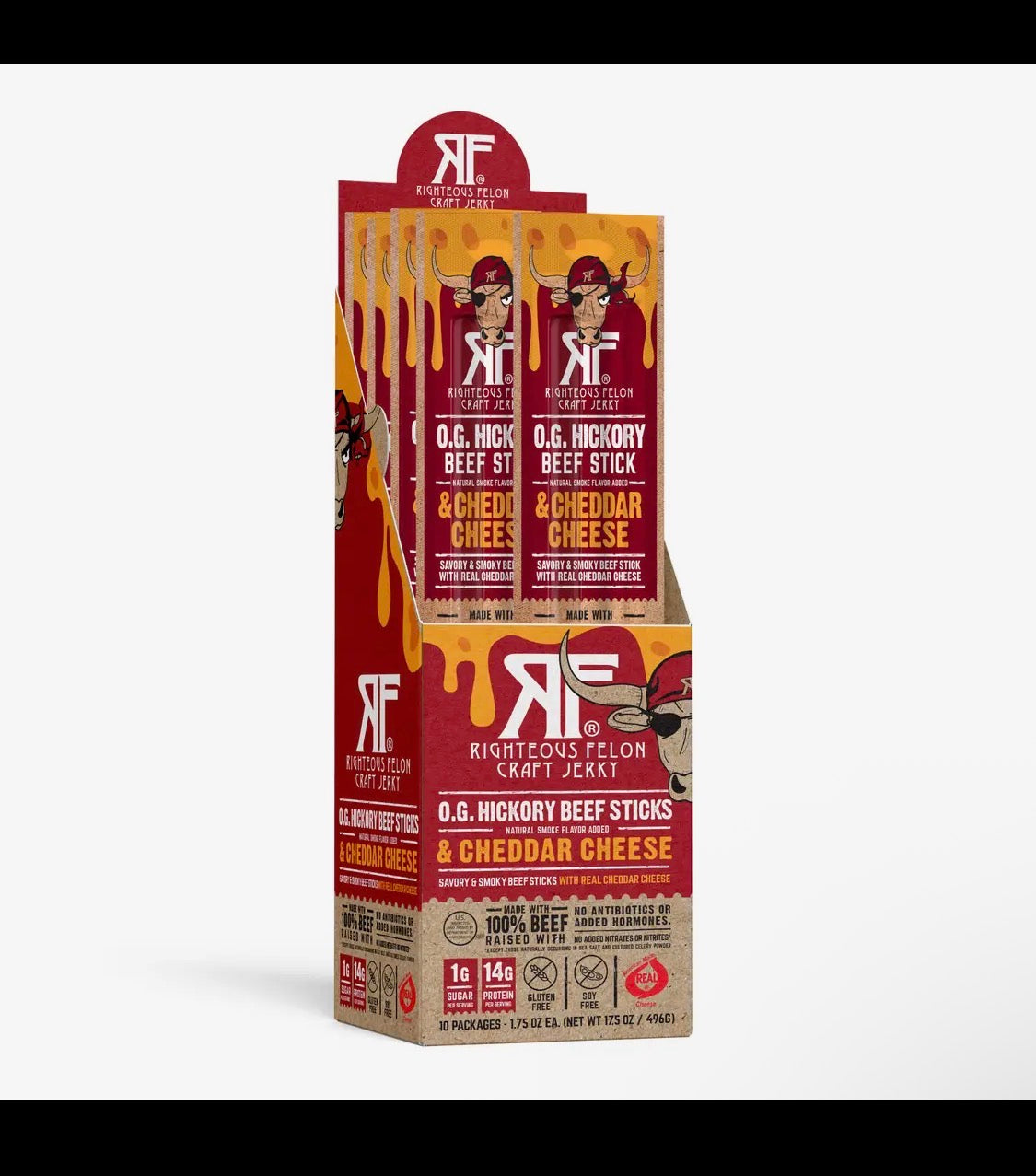 Righteous Felon O.G. Hickory Beef Stick & Cheddar Cheese 1.75oz 10 Pack Gluten Free
