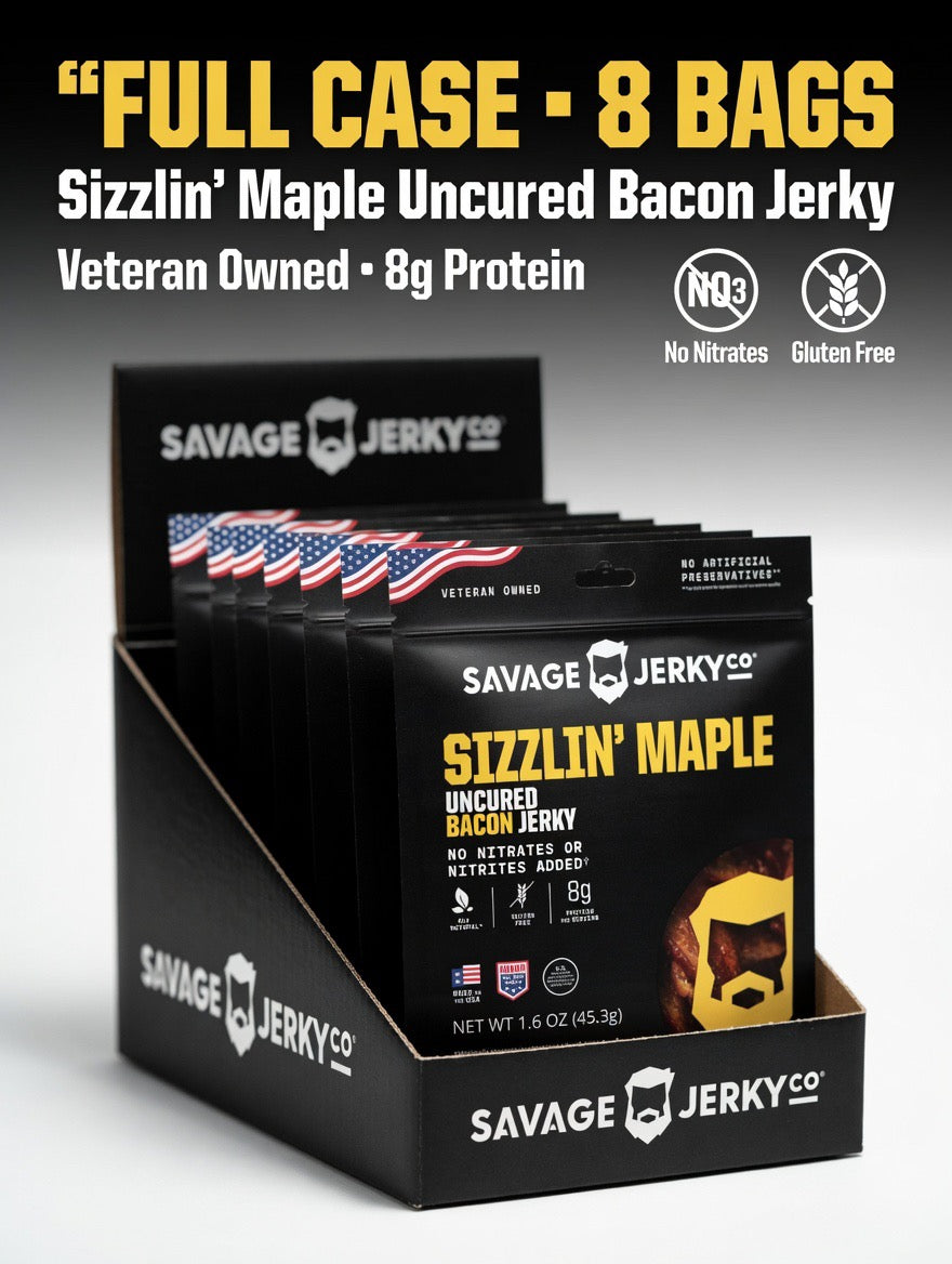 Savage Jerky Co Sizzlin’ Maple Uncured Bacon Jerky 1.6oz - Case of 8 Bags - Veteran Owned