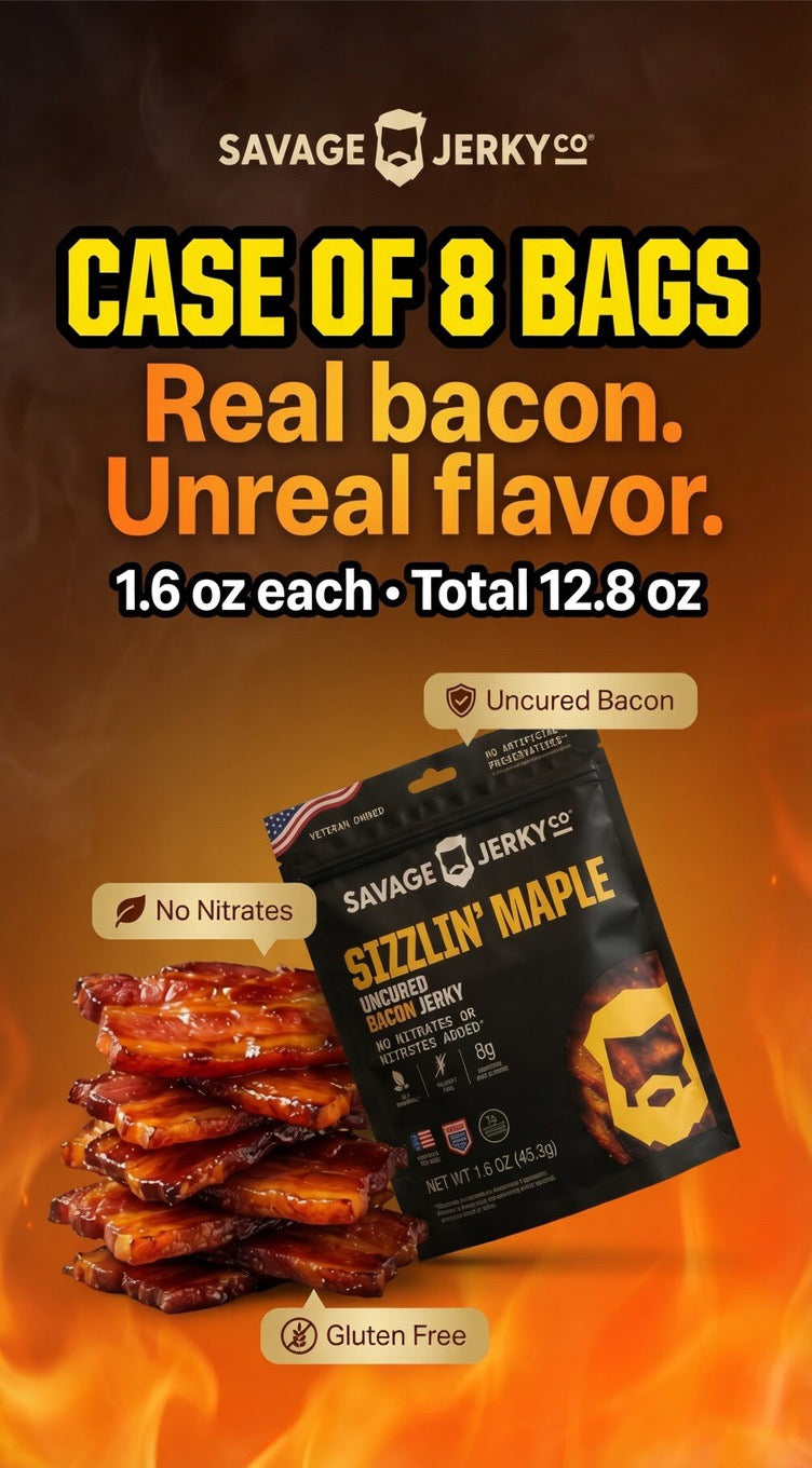 Savage Jerky Co Sizzlin’ Maple Uncured Bacon Jerky 1.6oz - Case of 8 Bags - Veteran Owned