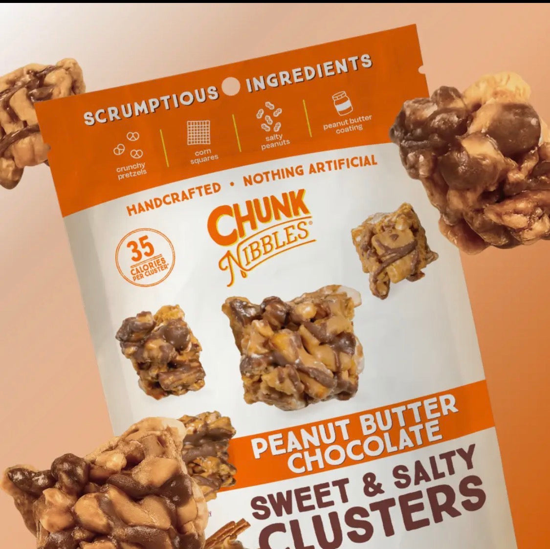 Chunk Nibbles Peanut Butter Chocolate Sweet & Salty Clusters 3-Pack Bundle – Handcrafted Gourmet Snack, 12.75 oz Total.