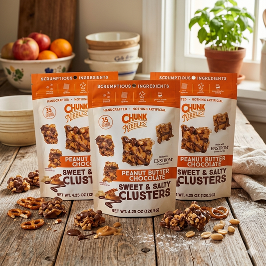 Chunk Nibbles Peanut Butter Chocolate Sweet & Salty Clusters 3-Pack Bundle – Handcrafted Gourmet Snack, 12.75 oz Total.