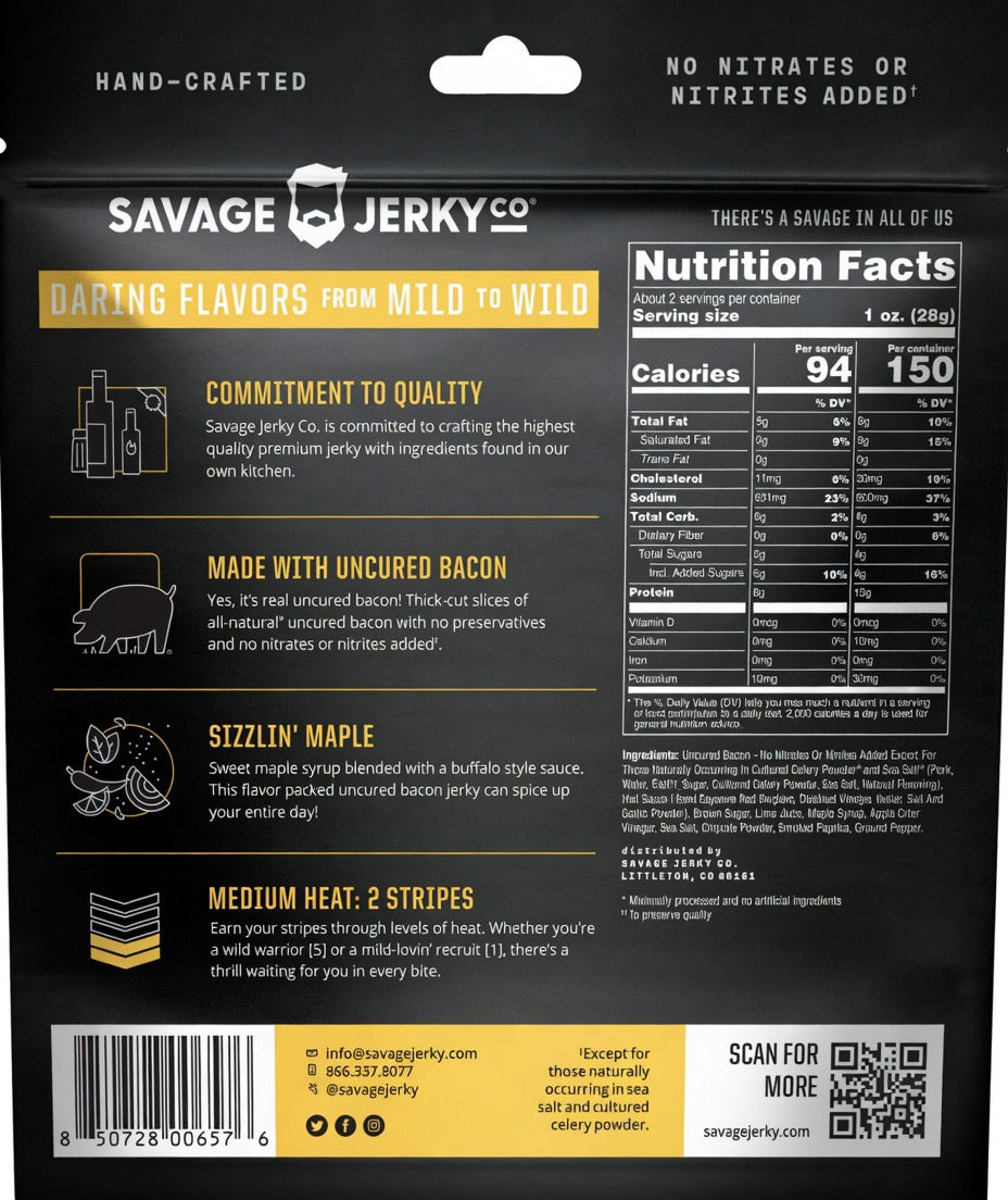 Savage Jerky Co Sizzlin’ Maple Uncured Bacon Jerky 1.6oz - Case of 8 Bags - Veteran Owned