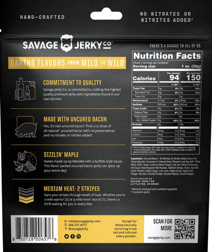 Savage Jerky Co Sizzlin’ Maple Uncured Bacon Jerky 1.6oz - Case of 8 Bags - Veteran Owned