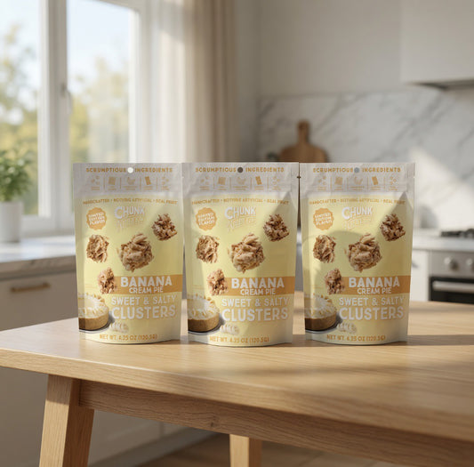 Chunk Nibbles Banana Cream Pie Sweet & Salty Clusters 3-Pack Bundle – Limited Edition, Handcrafted with Real Bananas, 12.75 oz Total.