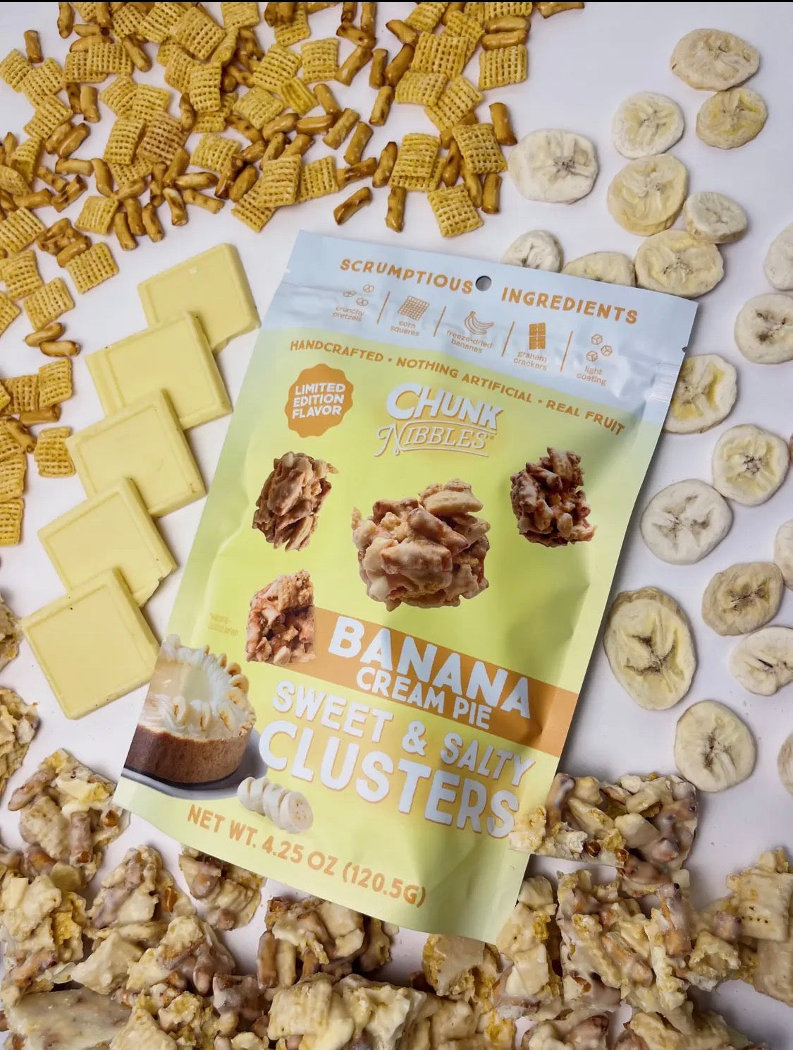 Chunk Nibbles Banana Cream Pie Sweet & Salty Clusters 3-Pack Bundle – Limited Edition, Handcrafted with Real Bananas, 12.75 oz Total.