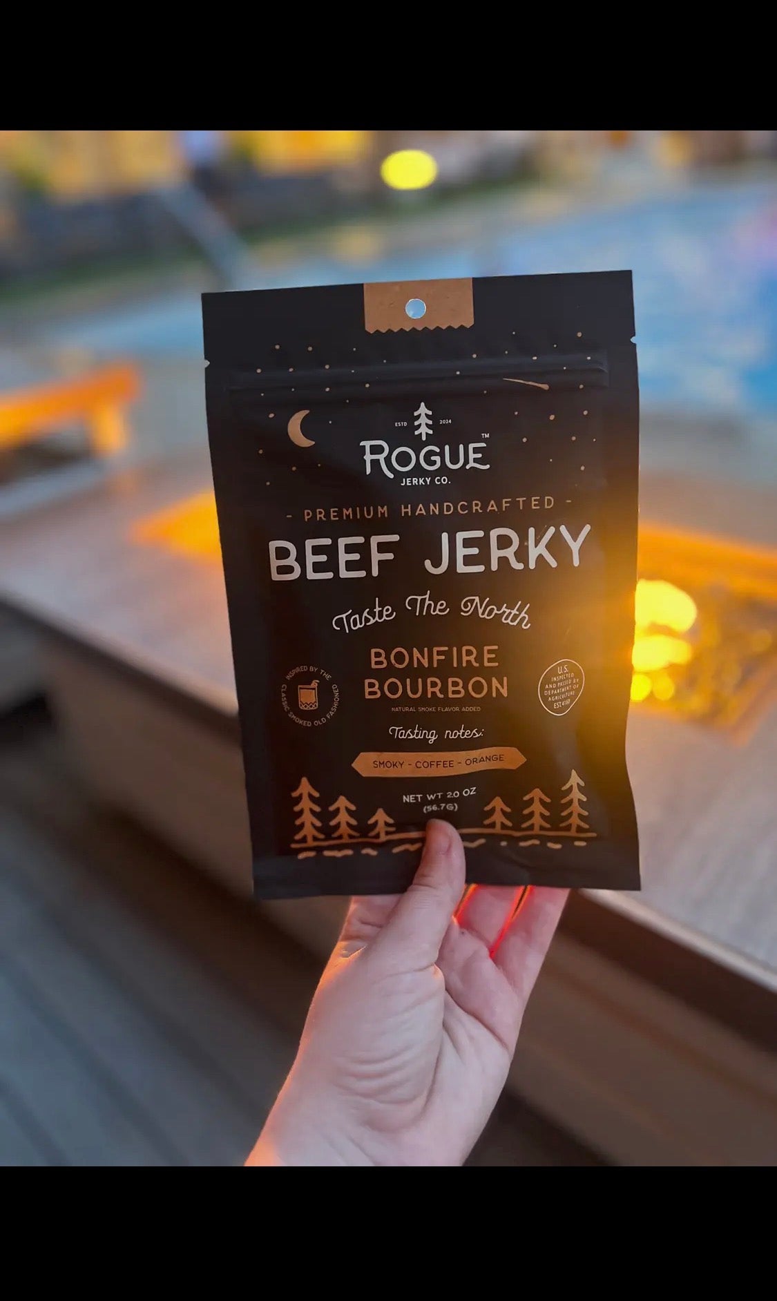 Rogue Beef Jerky, Bonfire Bourbon Flavor, Small Batch, Gluten Free 2 oz package