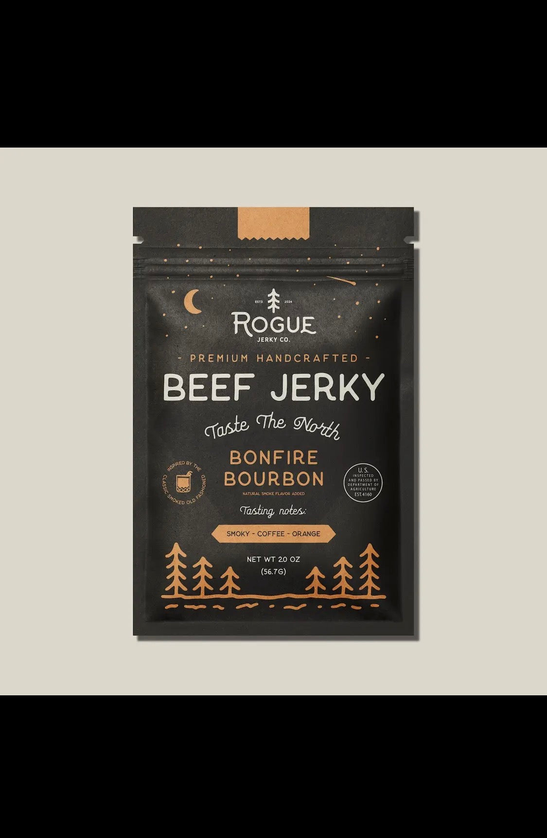 Rogue Beef Jerky, Bonfire Bourbon Flavor, Small Batch, Gluten Free 2 oz package